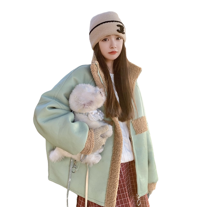 韩系chic皮毛一体外套女秋冬2025新款超火好看加绒加厚羊羔毛夹克,女装短外套,2D043