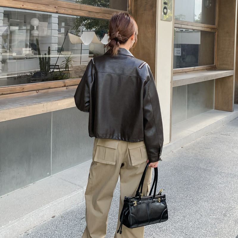 复古时髦机车皮衣外套女2025秋季新款设计感小众小个子短款夹克潮,女装皮衣,2C215