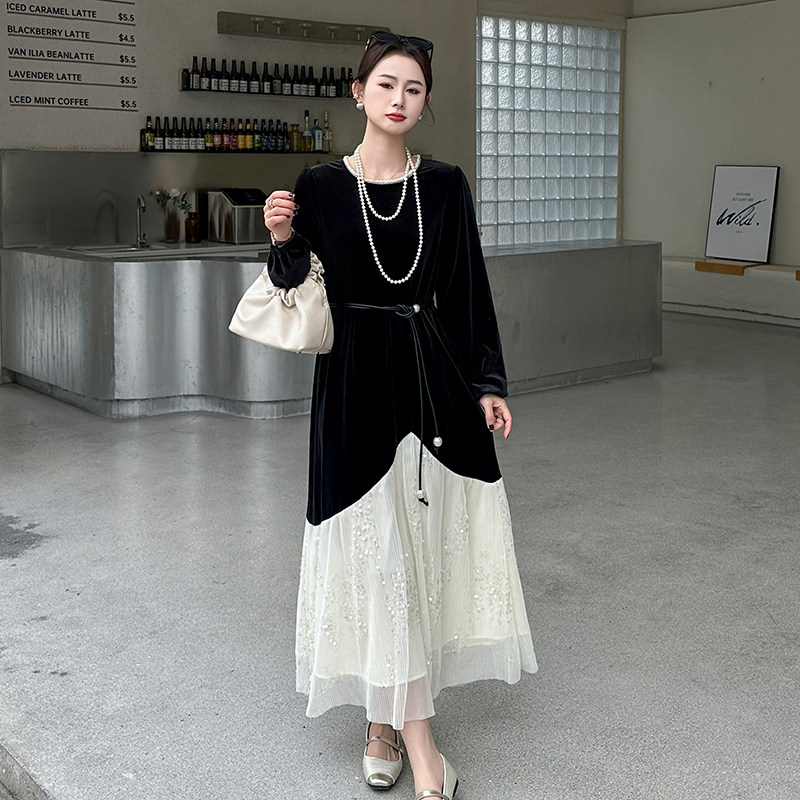 2025新款高端拼色丝绒连衣裙2C092-5128-P130-K188,女装连衣裙,2C092