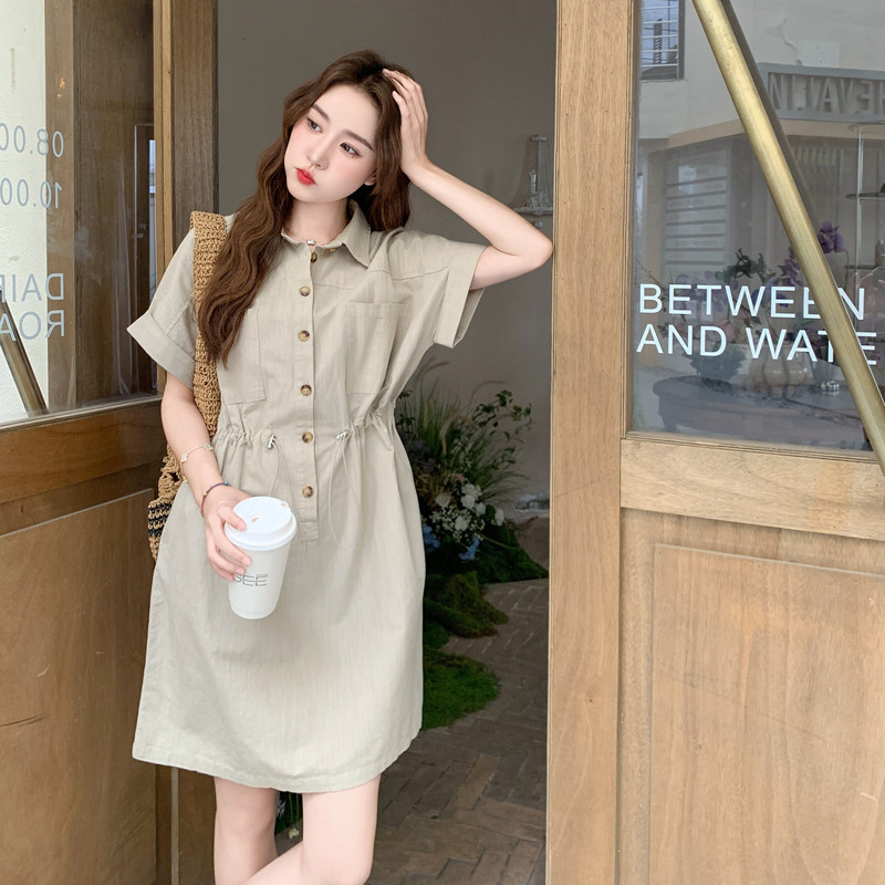 卡其色休闲工装连衣裙女2025年夏季新款韩版小个子收腰显瘦衬衫裙,女装连衣裙,2C258