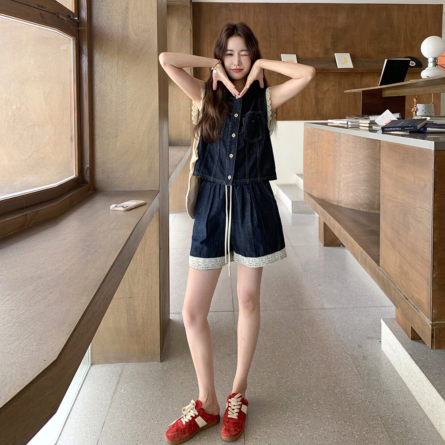 小个子穿搭蕾丝拼接牛仔马甲套装女2025夏新款休闲显瘦短裤两件套,女装套装/套裙,2C225