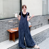 慵懒松弛套装夏季新款简约T恤扎染条纹宽松背带裤小个子两件套，女装休闲裤，2D009