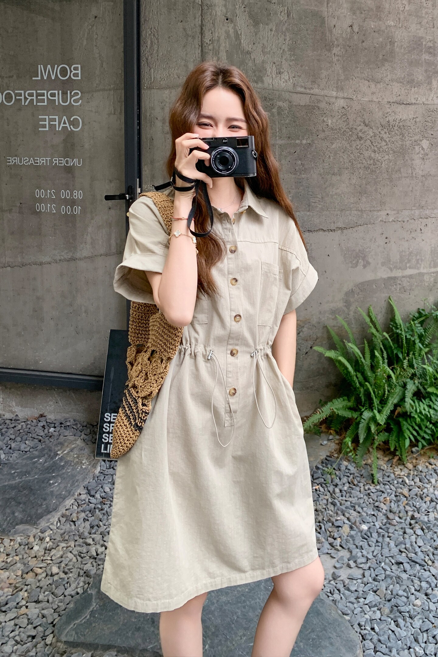 短袖常规连衣裙复古显瘦衬衫裙收腰系带复古宽松法式气质小个子,女装连衣裙,2C258