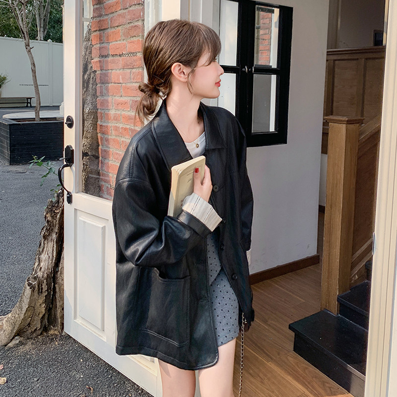 时尚设计感拼色皮衣外套女2025秋季黑色韩系通勤风高级感淡人上衣,女装皮衣,2C259