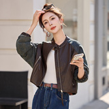 【2026春季新款现货】牛仔拼接皮衣外套短款机车风夹克重工复古，女装短外套，英标秀（1C119）