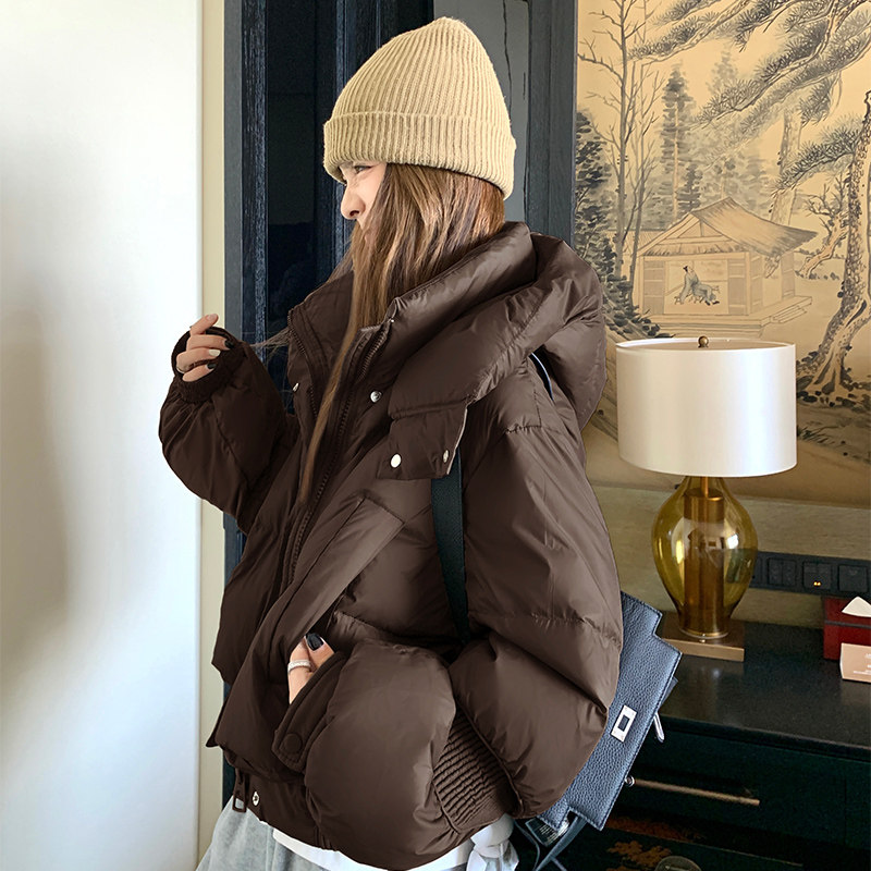 灰色短款连帽羽绒服女冬季2025新款小个子百搭加厚保暖面包服外套,女装羽绒服,1D066-1