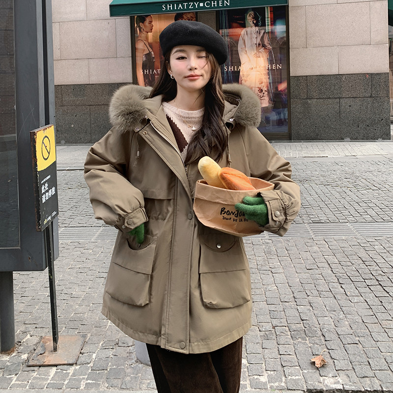 韩版加厚兔绒连帽派克棉服女2025年冬季新款收腰显瘦保暖工装棉衣图片
