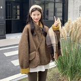 米白色提花丝绒小香风厚外套2025新款女冬独特漂亮披肩短款棉服衣，女装毛呢外套，2C159