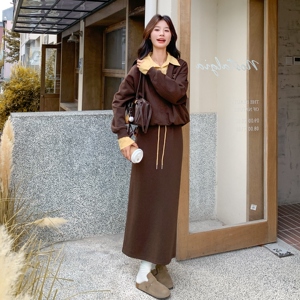 档口现货/撞色衬衫领假两件卫衣半身裙套装2C233-5823-P170-K259图片