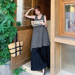韩系条纹背心裙套装女2025年夏季新款小众设计感T恤阔腿裤三件套图片