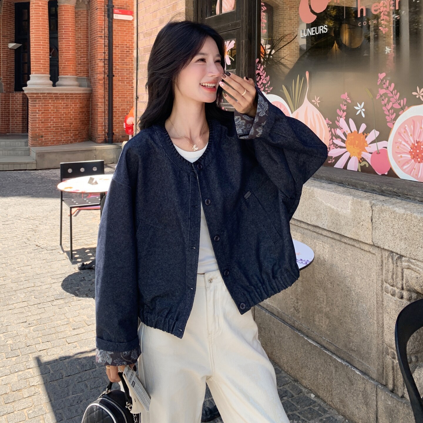 藏青色圆领慵懒风短款外套女2025秋季设计感简约气质百搭夹克上衣图片