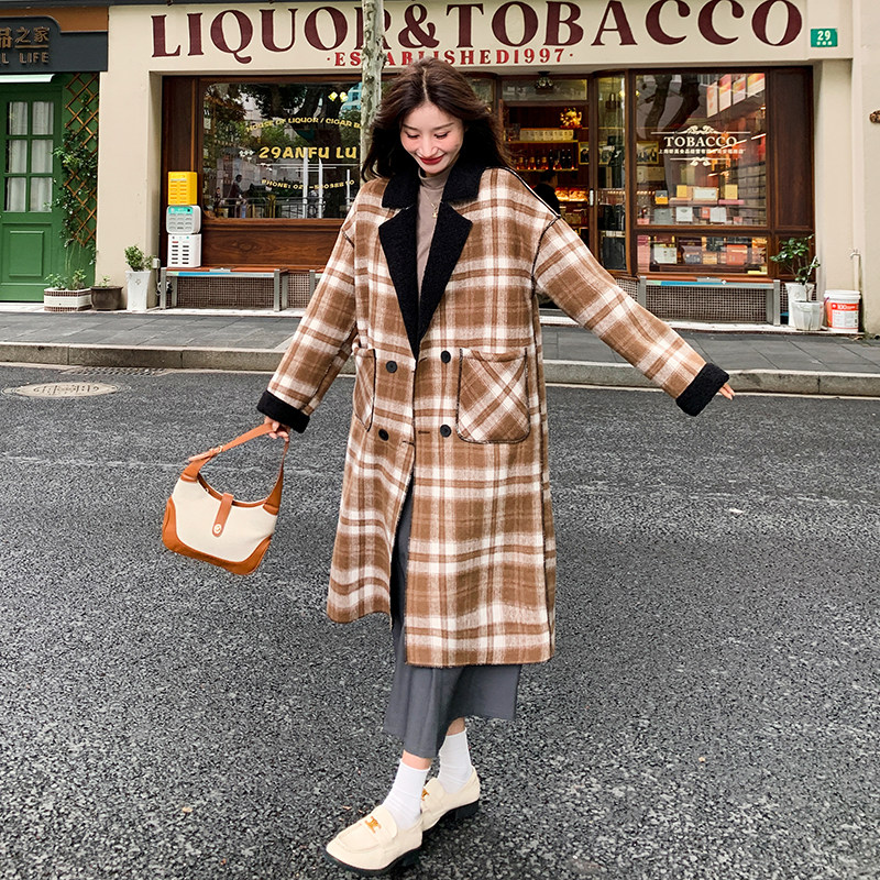 现货，设计感长款复合加厚宽松格子羊羔毛大衣2363P175K258,女装风衣,2C029
