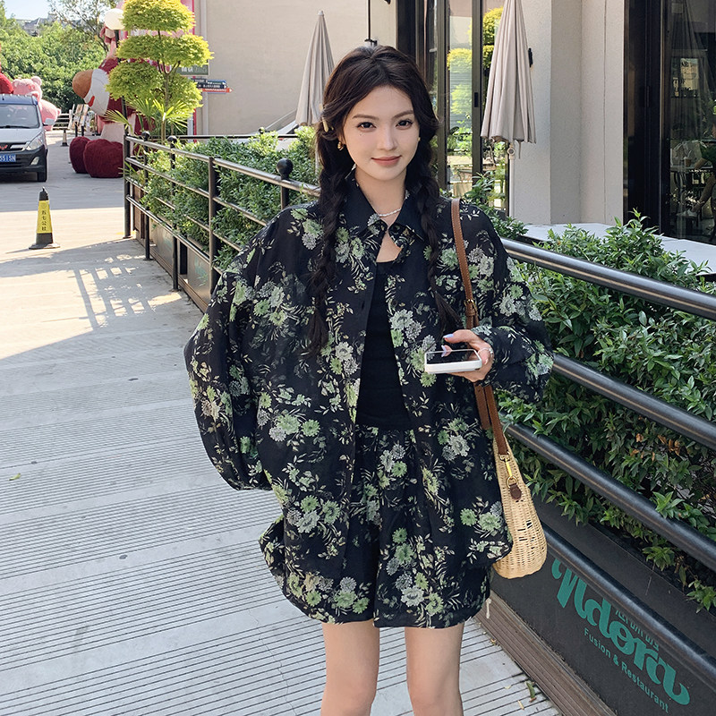 撞色天丝衬衫防晒套装女夏新款小个子宽松阔腿短裤印花时尚两件套,女装套装/套裙,2C107