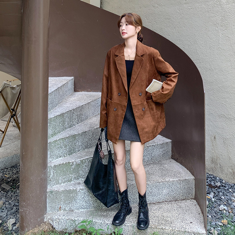 美拉德咖色麂皮绒西装外套女2025春秋新款韩系高级感炸街通勤西服,女装短外套,2C280