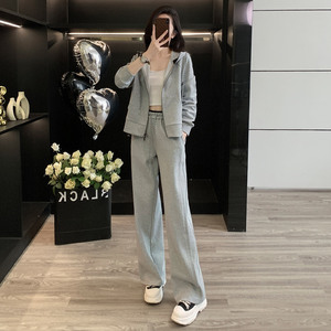 休闲运动套装女初秋新款纯色拉链开衫卫衣抽绳阔腿长裤显瘦两件套图片