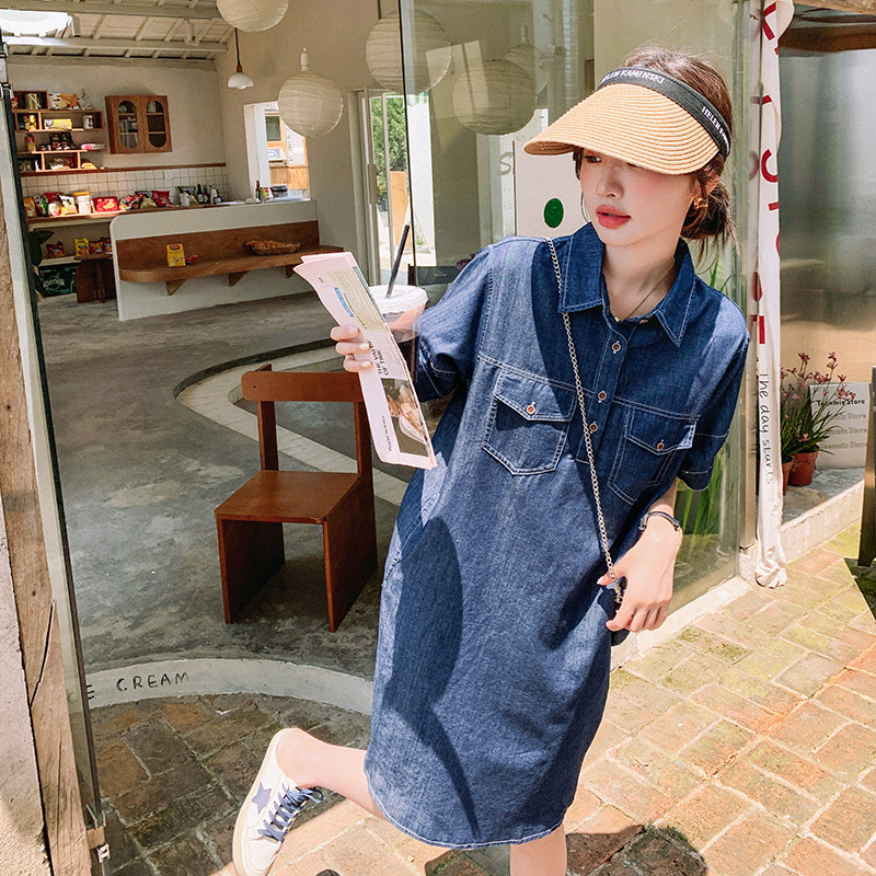 夏季A字裙高腰立领中长裙连衣裙时尚显瘦牛仔裙复古气质小个子,女装连衣裙,2C129