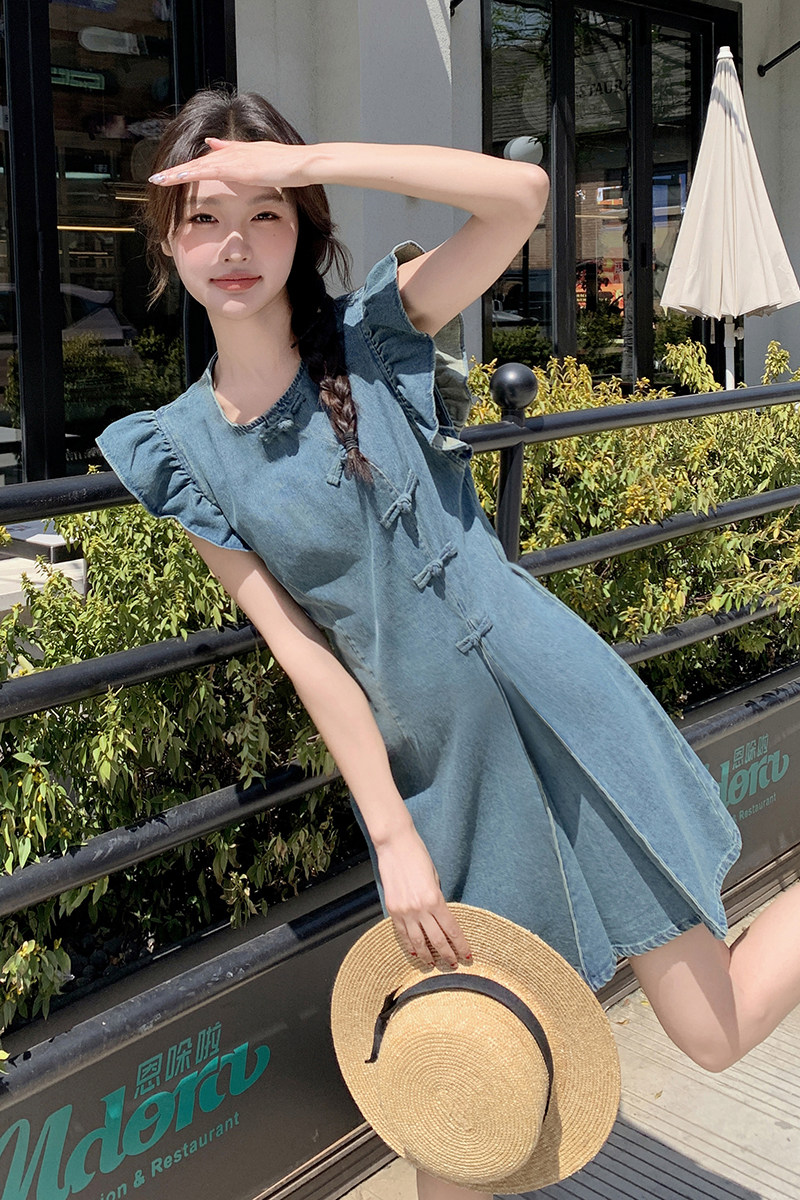 新中式盘扣飞袖牛仔裙女2025夏季新款设计感复古国风气质甜美裙子,女装连衣裙,2C057
