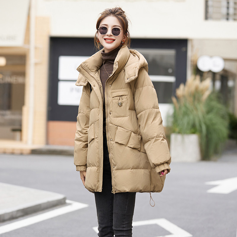 连帽羽绒服女2025冬季新款韩版口袋宽松加厚小个子中长款保暖外套,女装羽绒服,蓝朵琳