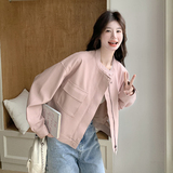 粉色立领皮衣外套女2025年新款春季chic韩系小个子机车风百搭夹克，女装皮衣，2C320