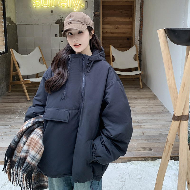 双拉链设计感黑色连帽羽绒服女2025年冬新款百搭休闲宽松显瘦外套图片