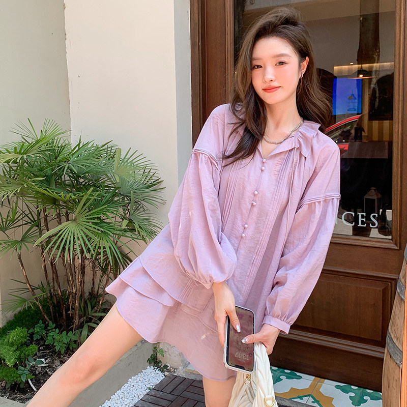 紫色休闲套装裙女2025夏季新款韩系甜美减龄防晒衬衫半身裙两件套,女装套装/套裙,2C260