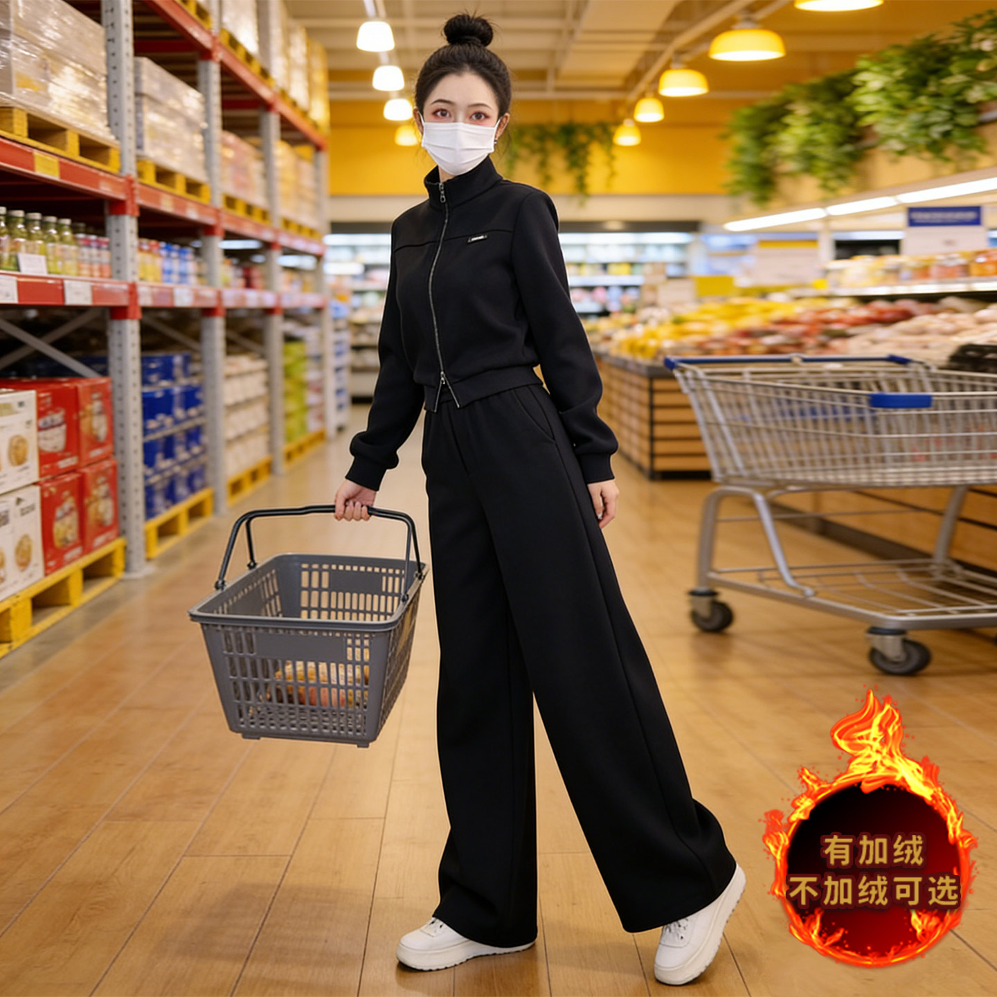 女秋冬新款高级感休闲时尚套装减龄显瘦拉链开衫外套阔腿裤两件套,女装套装/套裙,2C310