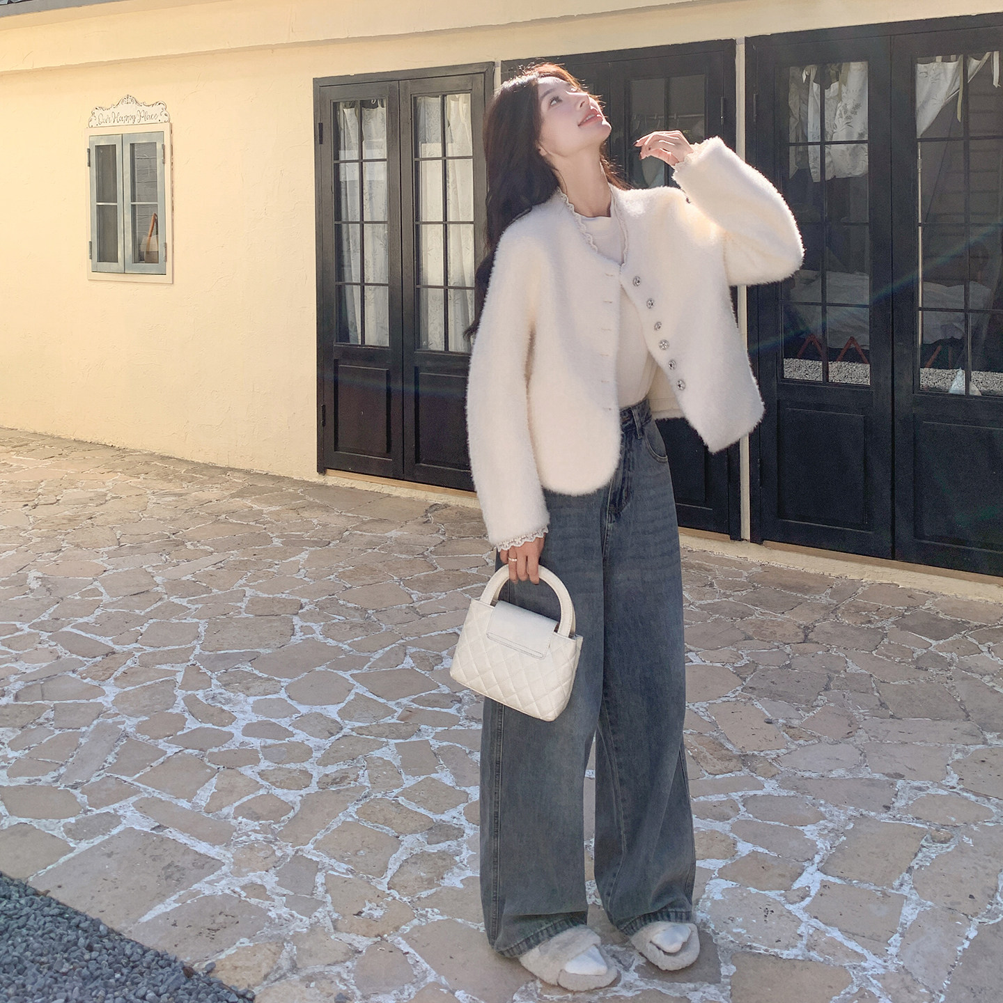 米白色蕾丝拼接羊羔毛外套女2025冬季新款小个子名媛气质毛绒上衣,女装棉衣/棉服,2D078