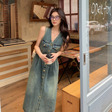 港风复古无袖牛仔连衣裙女2025春季新款学院风减龄收腰显瘦背心裙，女装连衣裙，2C022