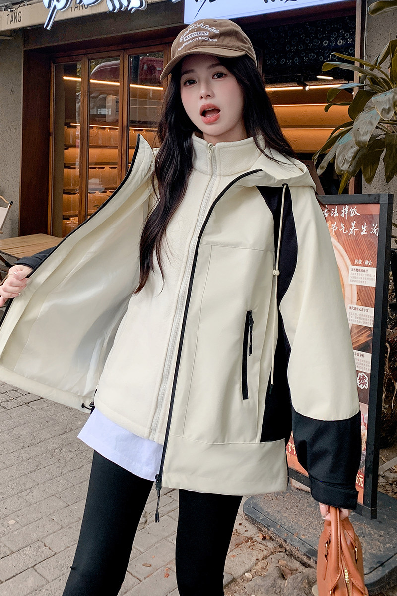 工装冲锋衣拼色加绒外套可脱卸2025冬季2C057-9923-P205-K308,女装派克服,2C057