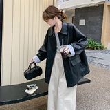黑色翻领PU皮衣外套女2025秋季新款复古通勤风高级感酷飒夹克上衣，女装皮衣，2C258