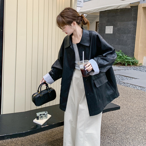 黑色翻领PU皮衣外套女2025秋季新款复古通勤风高级感酷飒夹克上衣图片
