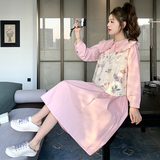 针织马甲粉色娃娃领连衣裙两件套女2025春秋季新款温柔风长裙套装，女装套装/套裙，2C332