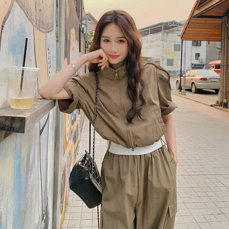 新品军绿色休闲工装短袖上衣裤子两件套2577-P145-K218,女装套装/套裙,2C159