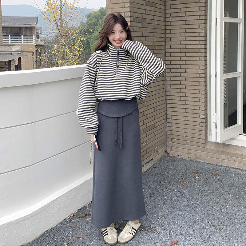 盐甜系穿搭套装女春秋新款小个子条纹拉链卫衣高腰半身裙两件套,女装套装/套裙,2C203