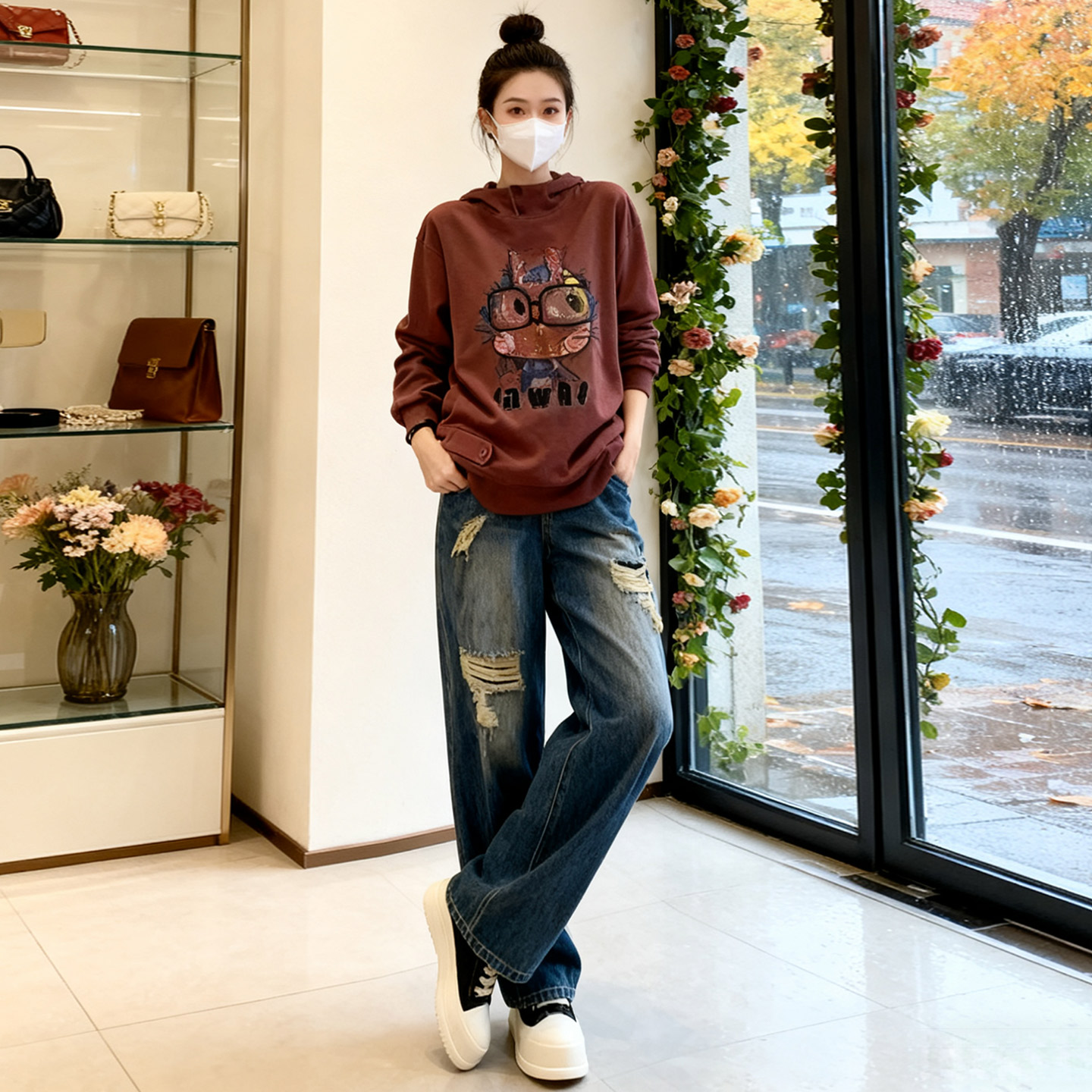 韩版时尚休闲套装女春季新款连帽刺绣卡通上衣破洞牛仔长裤两件套,女装套装/套裙,2C310