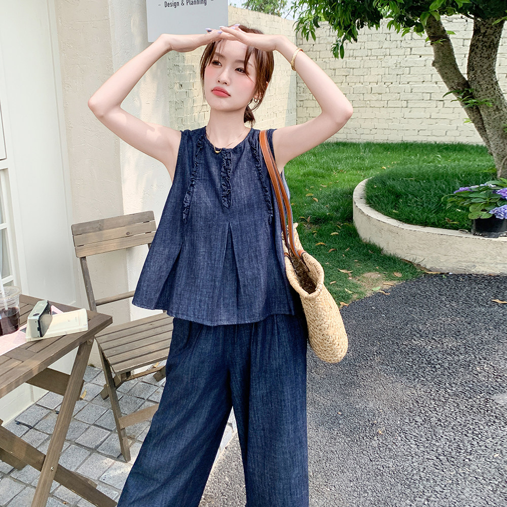 复古薄款牛仔套装女夏季2025新款独特漂亮设计感背心阔腿裤两件套,女装套装/套裙,2C271