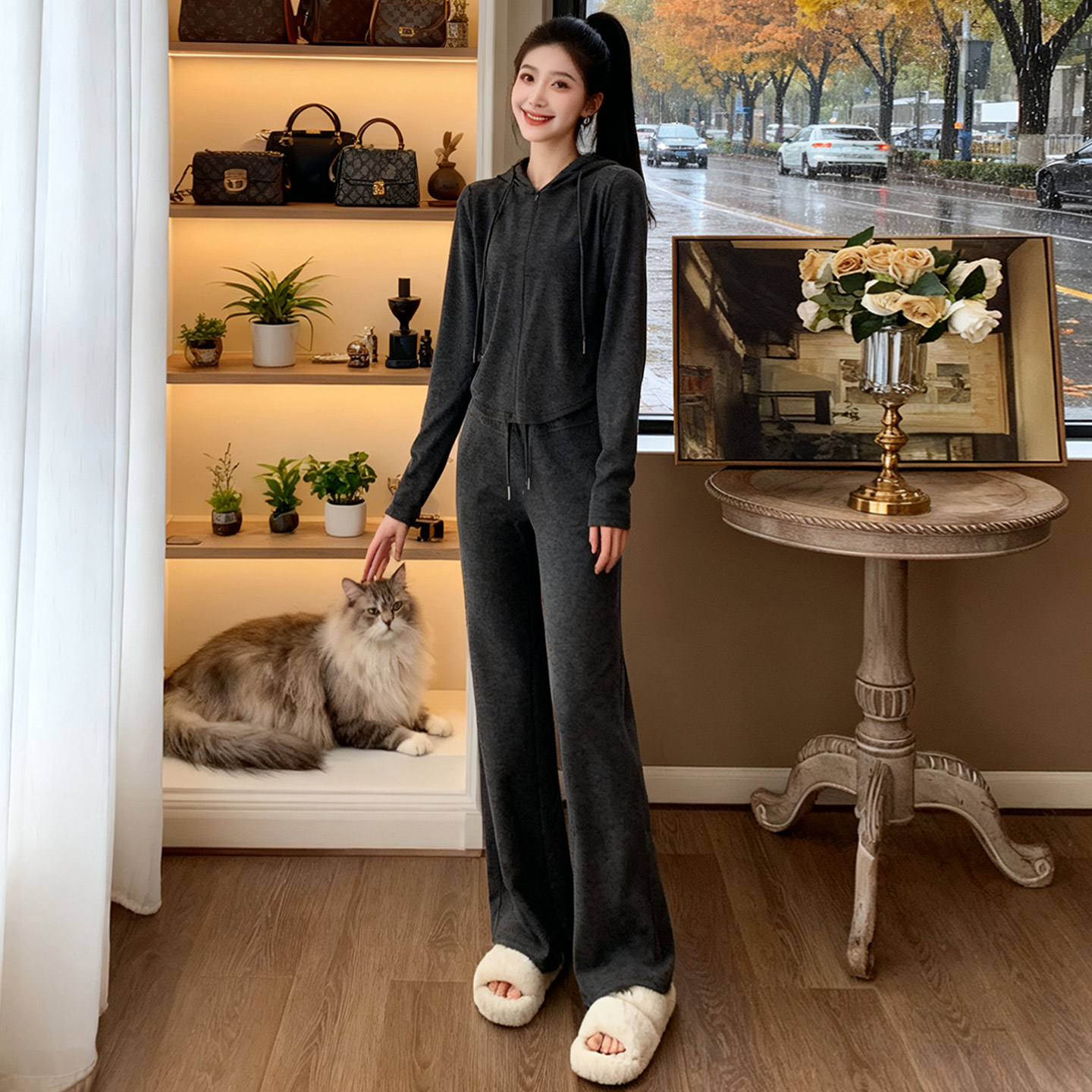 高级感黑灰色休闲运动套装女秋新款时尚洋气连帽卫衣阔腿裤两件套图片