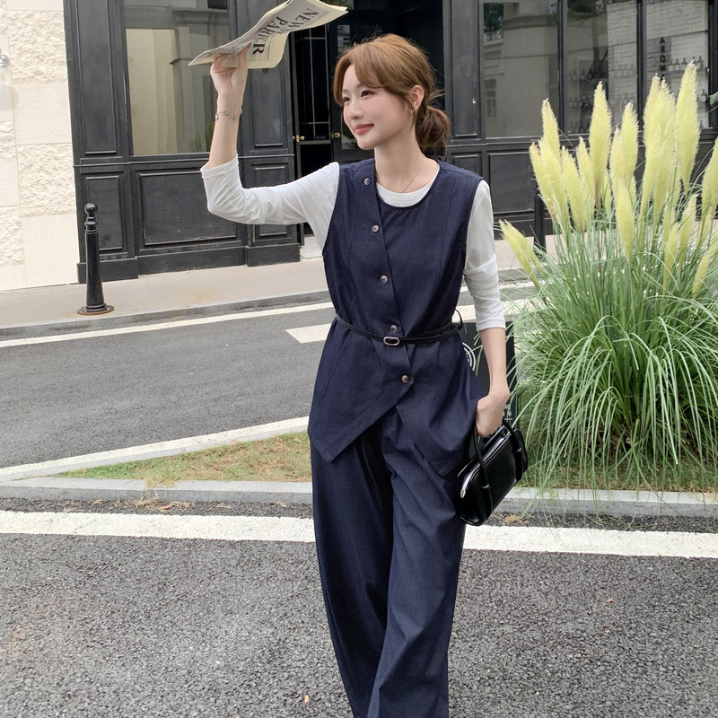 设计感休闲套装女春秋气质百搭马甲衬衫高腰阔腿裤三件套,女装套装/套裙,2C166
