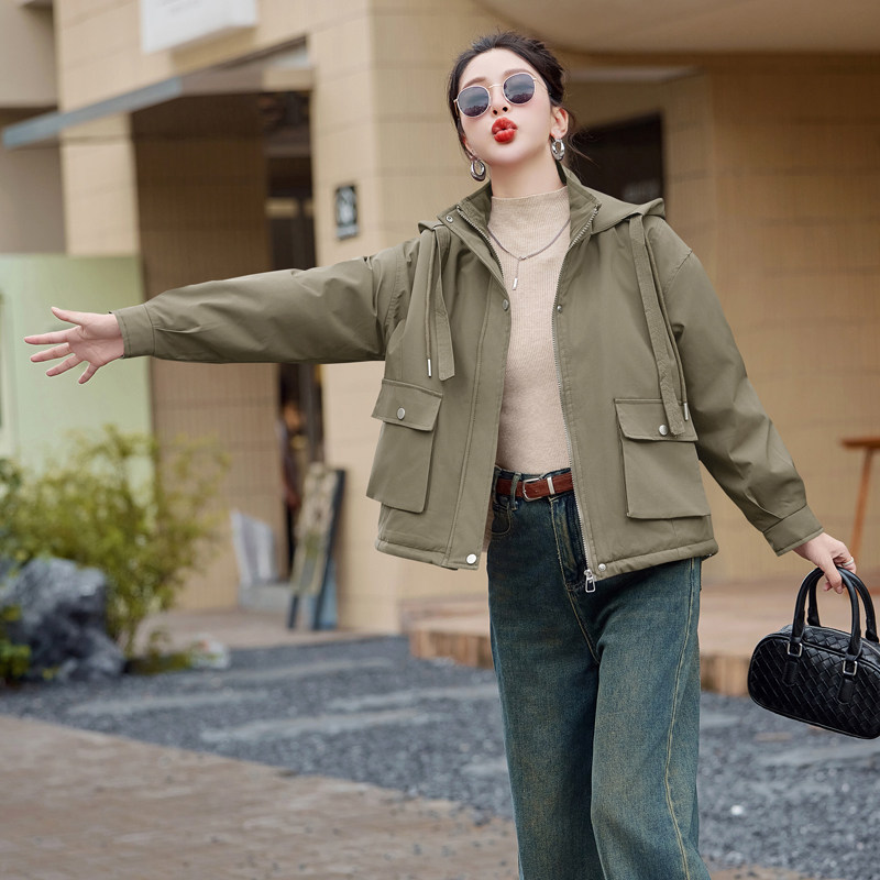 高级感紫红色加绒加厚外套女2025春秋新款休闲宽松连帽小个子棉服,女装派克服,唯婧