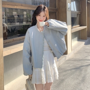 蓝色韩系短款外套女秋季2025新款小个子休闲穿搭宽松高级感夹克图片