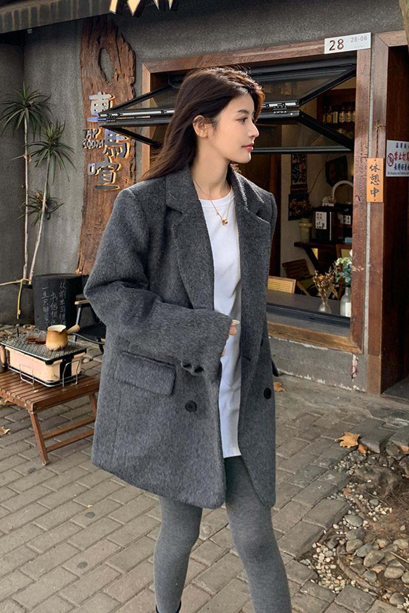 现货新款，高级灰宽松休闲加棉毛呢西装外套2372P185K268,女装西装,2C029