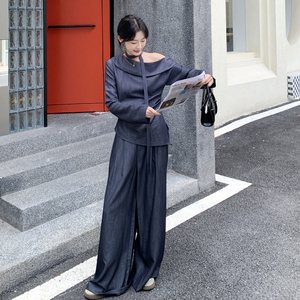 气质飘带露肩上衣休闲裤套装女秋2026新款大方得体流行超火两件套图片