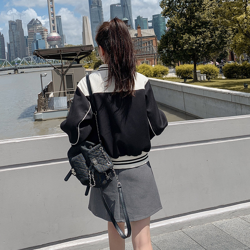 现货新款学院风撞色拼接棒球服休闲外套,女装短外套,2C269