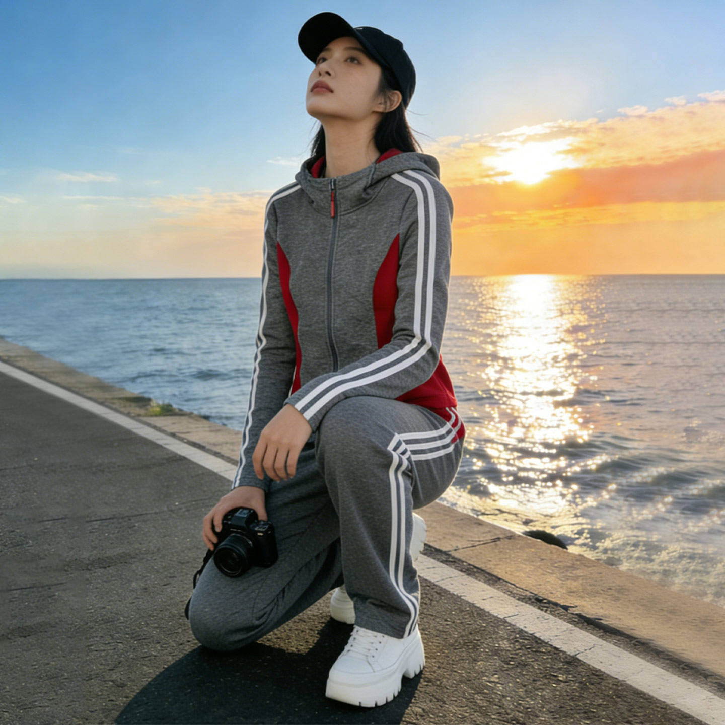时尚休闲运动套装女春新款修撞色拼接连帽开衫卫衣阔腿长裤两件套,女装套装/套裙,2C310