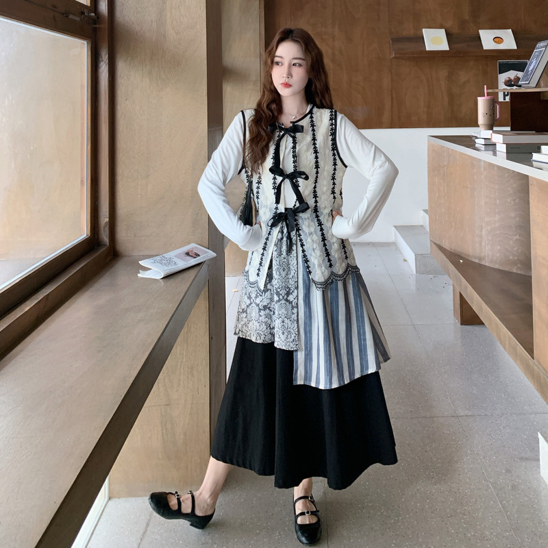 文艺风穿搭马甲套装女春秋2025超火好看高级感半身长裙三件套,女装套装/套裙,2C115