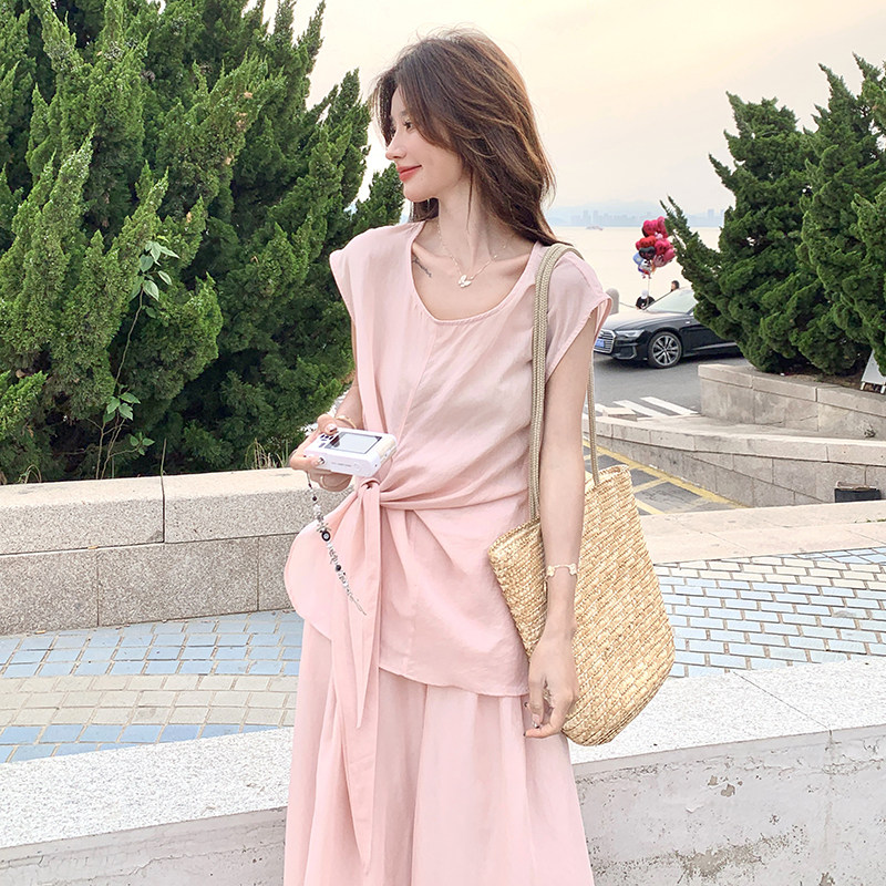 清纯系粉色收腰衬衫阔腿裤套装女夏两件套大方得体流行爆款ootd,女装套装/套裙,2C122