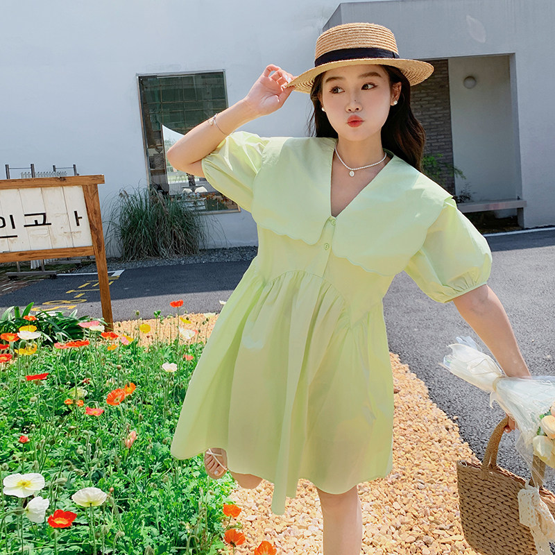 法式纯色娃娃领连衣裙女夏季2025新款时尚设计感宽松绿色娃娃裙女,女装连衣裙,2C372