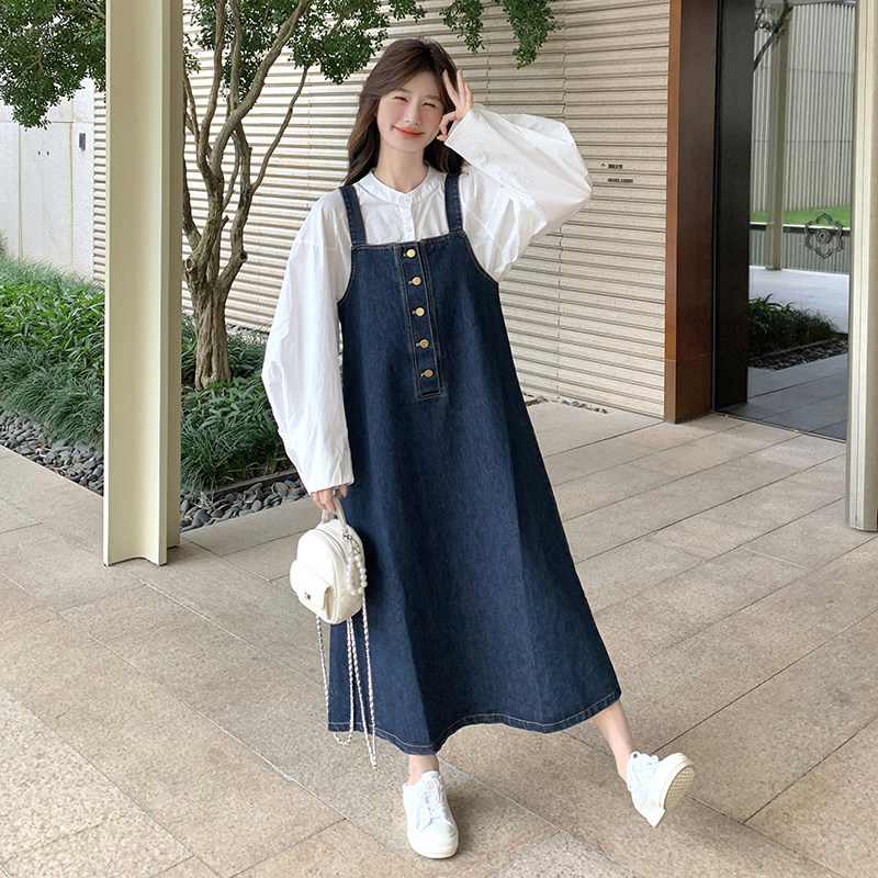 韩系甜美减龄牛仔背带裙套装女学院风衬衫长裙两件套6151P160K238,女装套装/套裙,2C166