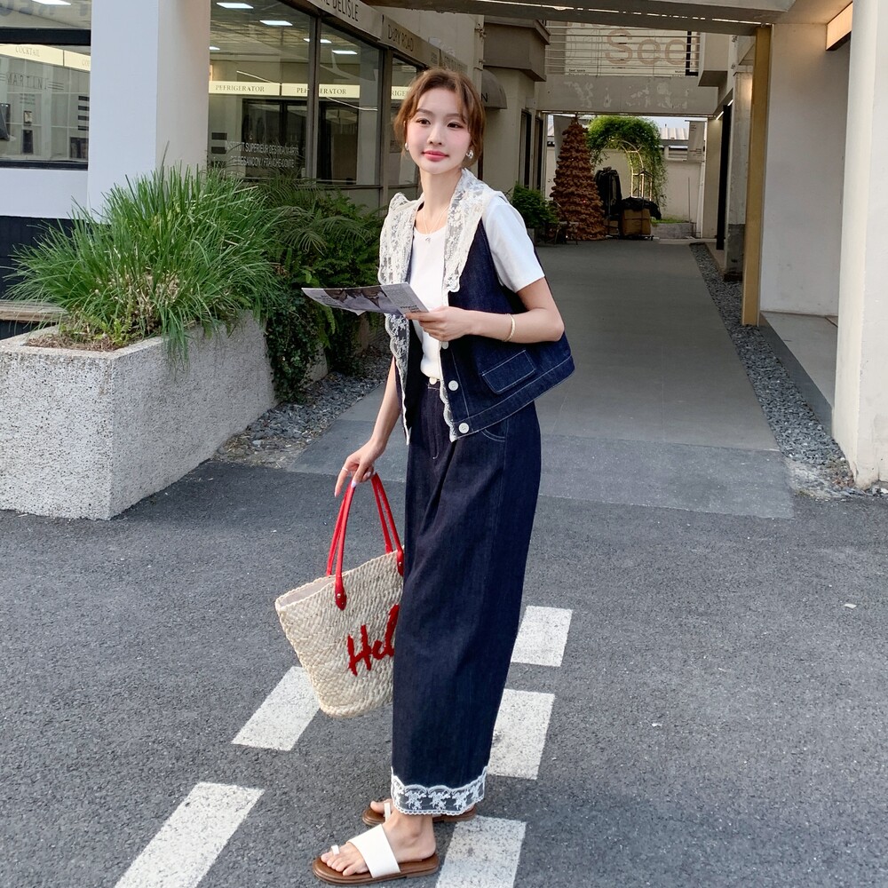 韩系蕾丝连帽牛仔马甲阔腿裤套装女夏大方得体减龄穿搭三件套爆款,女装套装/套裙,2C227