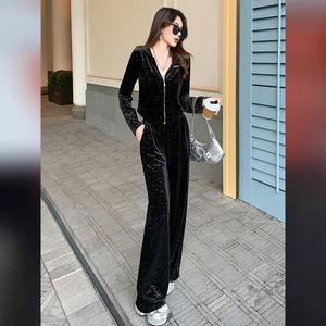 高级感丝绒休闲运动套装女春新款拉链开衫连帽烫钻上衣阔腿裤套装图片